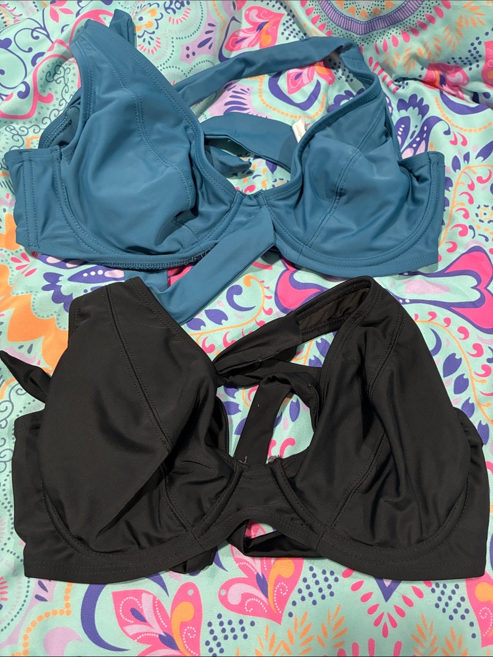 Shapermint Teal and Black Underwire Swim Bikini Tops